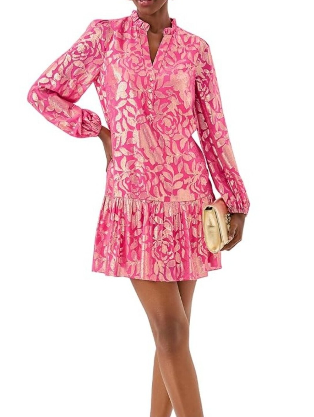 Lilly Pulitzer Evaline Pink Metallic Floral Long-Sleeve Ruffle Dress Silk 14
